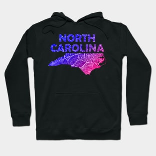 Colorful mandala art map of North Carolina with text in blue and violet Hoodie